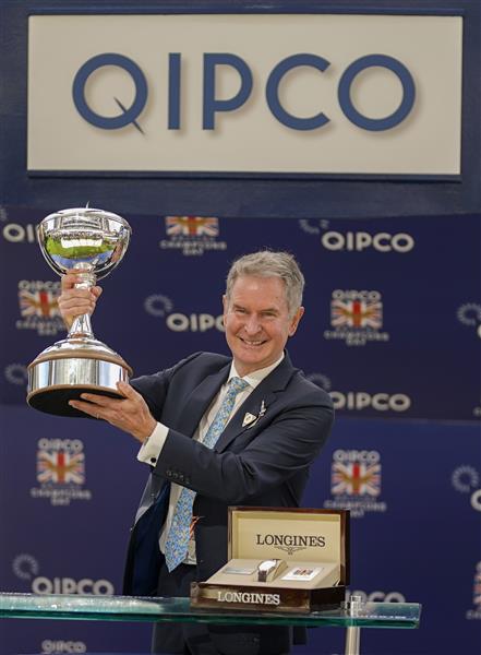 ASCOT, ENGLAND - OCTOBER 15: Hugh Anderson with the trophy for winning most owner (Goldolphin) at Ascot Racecourse on October 15, 2022 in Ascot, England. (Photo by Alan Crowhurst/Getty Images)