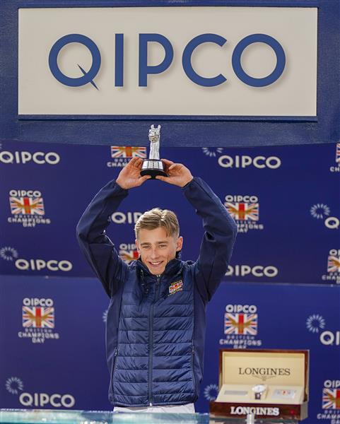 ASCOT, ENGLAND - OCTOBER 15: Benoit de la Sayette with his champion apprentice trophy at Ascot Racecourse on October 15, 2022 in Ascot, England. (Photo by Alan Crowhurst/Getty Images)