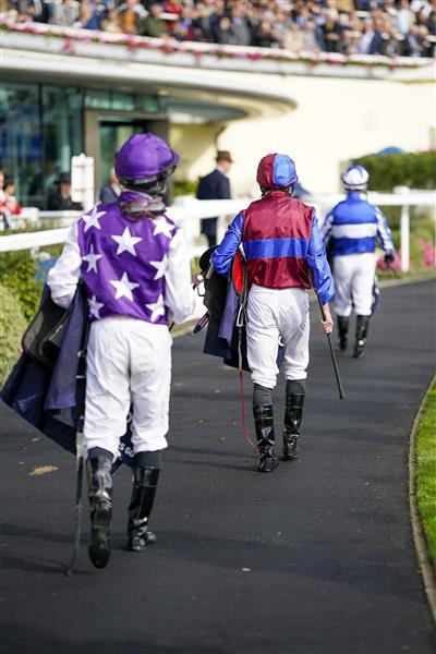 ASCOT, ENGLAND - OCTOBER 15: A general view as jockeys return to the weighing room at Ascot Racecourse on October 15, 2022 in Ascot, England. (Photo by Alan Crowhurst/Getty Images)