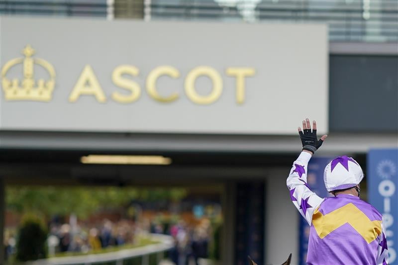ASCOT, ENGLAND - OCTOBER 15: Frankie Dettori celebrates after riding Kinross to win The Qipco British Champions Sprint Stakes at Ascot Racecourse on October 15, 2022 in Ascot, England. (Photo by Alan Crowhurst/Getty Images)