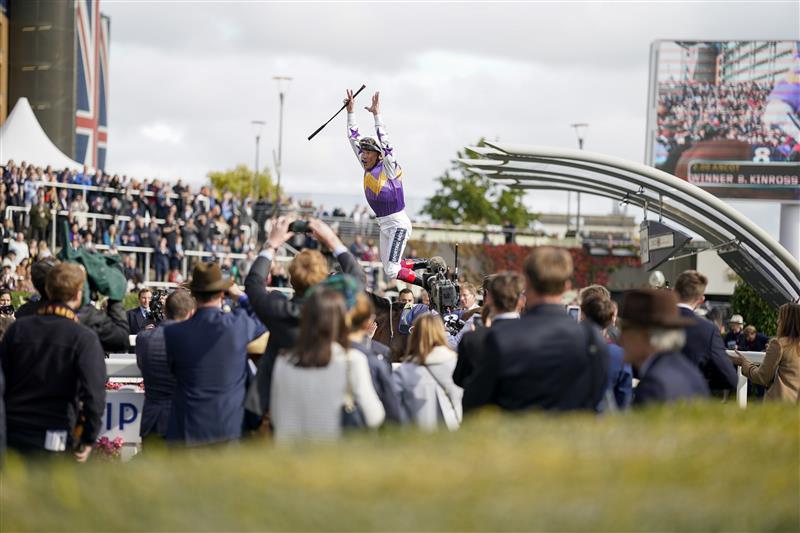 ASCOT, ENGLAND - OCTOBER 15: Frankie Dettori leaps from his mount after riding Kinross to win The Qipco British Champions Sprint Stakes at Ascot Racecourse on October 15, 2022 in Ascot, England. (Photo by Alan Crowhurst/Getty Images)