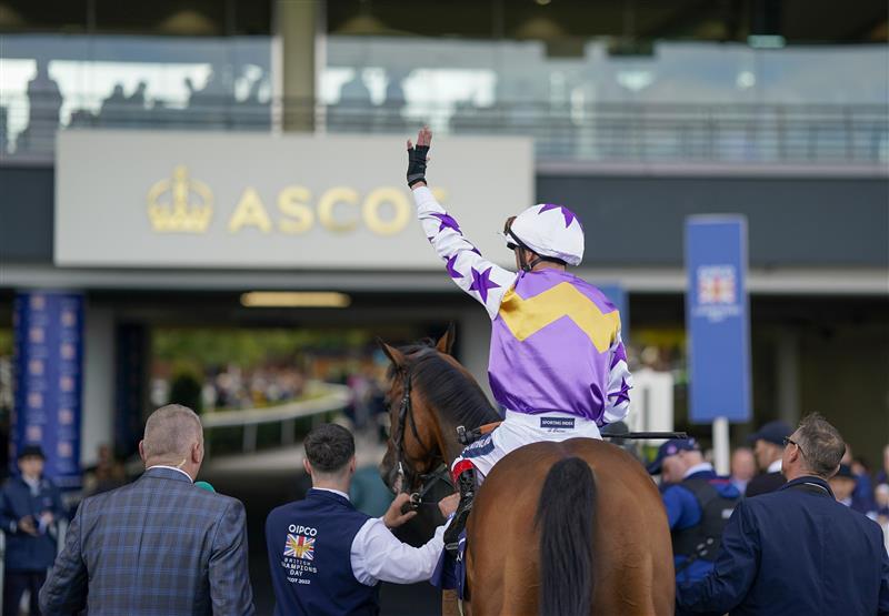 ASCOT, ENGLAND - OCTOBER 15: Frankie Dettori celebrates after riding Kinross to win The Qipco British Champions Sprint Stakes at Ascot Racecourse on October 15, 2022 in Ascot, England. (Photo by Alan Crowhurst/Getty Images)