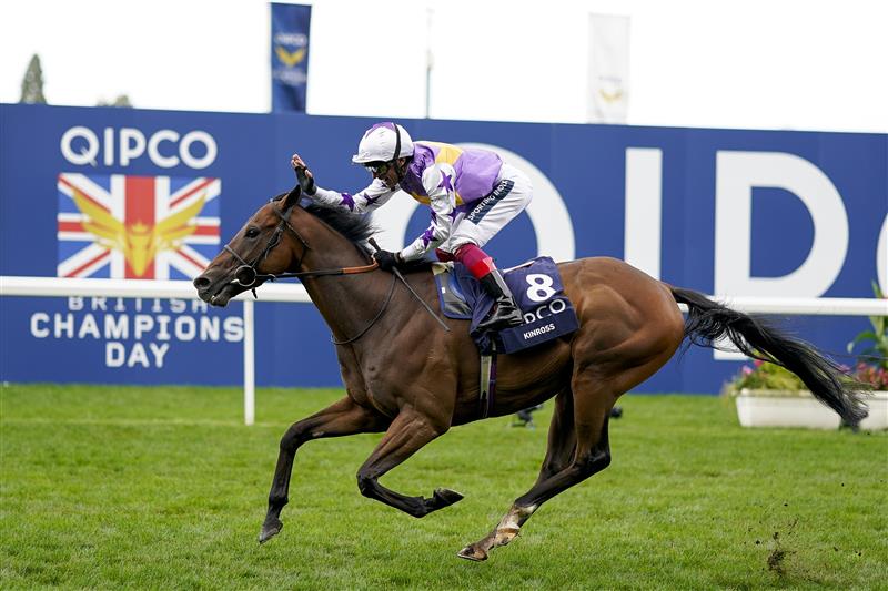 ASCOT, ENGLAND - OCTOBER 15: Frankie Dettori riding Kinross win The Qipco British Champions Sprint Stakes at Ascot Racecourse on October 15, 2022 in Ascot, England. (Photo by Alan Crowhurst/Getty Images)
