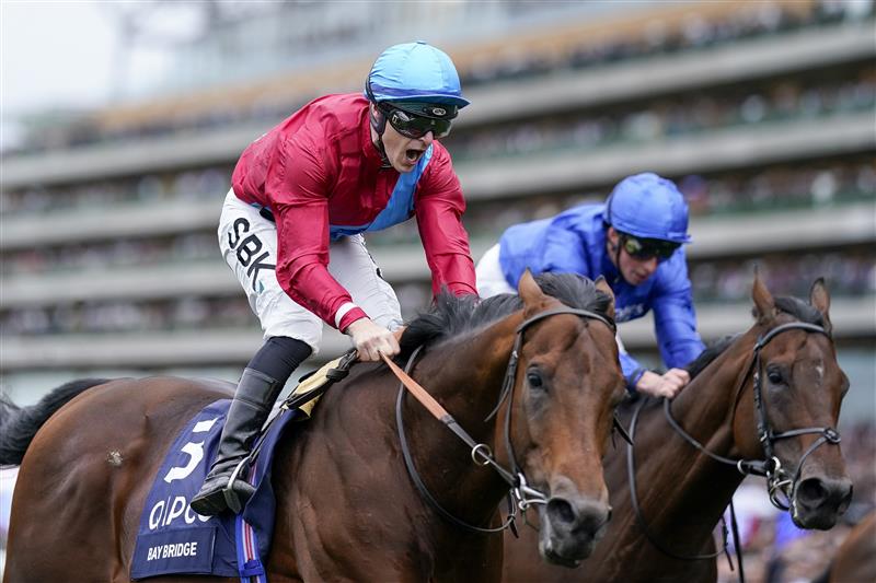 ASCOT, ENGLAND - OCTOBER 15: Richard Kingscote shouts as he rides Bay Bridge to win The Qipco Champion Stakes at Ascot Racecourse on October 15, 2022 in Ascot, England. (Photo by Alan Crowhurst/Getty Images)