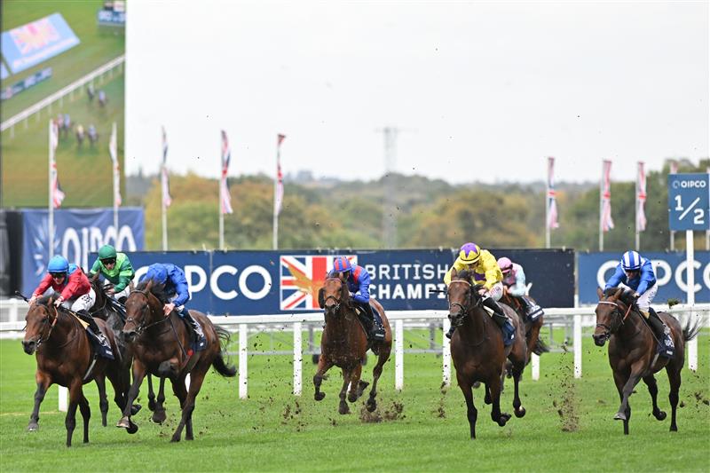 British jockey Richard Kingscote rides Bay Bridge (L) to victory in the Champion Stakes on Qipco British Champions Day at Ascot Racecourse, west of London on October 15, 2022. - Champions day is the finale of the British flat racing season and the UK's richest raceday. (Photo by Glyn KIRK / AFP) (Photo by GLYN KIRK/AFP via Getty Images)