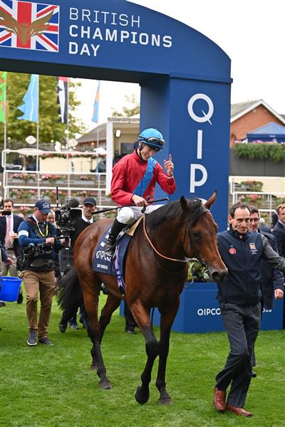 British jockey Richard Kingscote returns to the winner's enclosure on Bay Bridge after victory in the Champion Stakes on Qipco British Champions Day at Ascot Racecourse, west of London on October 15, 2022. - Champions day is the finale of the British flat racing season and the UK's richest raceday. (Photo by Glyn KIRK / AFP) (Photo by GLYN KIRK/AFP via Getty Images)
