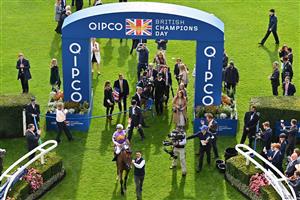 Italian jockey Frankie Dettori arrives in the winner's enclosure on Kinross after victory in the British Champions Sprint Stakes on Qipco British Champions Day at Ascot Racecourse, west of London on October 15, 2022. - Champions day is the finale of the British flat racing season and the UK's richest raceday. (Photo by Glyn KIRK / AFP) (Photo by GLYN KIRK/AFP via Getty Images)