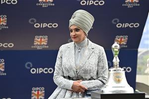 Sheikha Amna bint Abdulaziz Al Thani waits at the presentation for the Champion Stakes on Qipco British Champions Day at Ascot Racecourse, west of London on October 15, 2022. - Champions day is the finale of the British flat racing season and the UK's richest raceday. (Photo by Glyn KIRK / AFP) (Photo by GLYN KIRK/AFP via Getty Images)