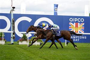 ASCOT, ENGLAND - OCTOBER 15: Hollie Doyle riding Trueshan (L) win The Qipco British Champions Long Distance Cup from Coltraneat Ascot Racecourse on October 15, 2022 in Ascot, England. (Photo by Alan Crowhurst/Getty Images)