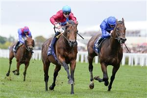 ASCOT, ENGLAND - OCTOBER 15: Richard Kingscote riding Bay Bridge (red) win The Qipco Champion Stakes at Ascot Racecourse on October 15, 2022 in Ascot, England. (Photo by Alan Crowhurst/Getty Images)