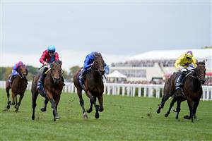 ASCOT, ENGLAND - OCTOBER 15: Richard Kingscote riding Bay Bridge (red) win The Qipco Champion Stakes at Ascot Racecourse on October 15, 2022 in Ascot, England. (Photo by Alan Crowhurst/Getty Images)