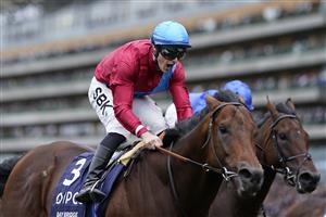 ASCOT, ENGLAND - OCTOBER 15: Richard Kingscote shouts as he rides Bay Bridge to win The Qipco Champion Stakes at Ascot Racecourse on October 15, 2022 in Ascot, England. (Photo by Alan Crowhurst/Getty Images)