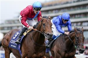 ASCOT, ENGLAND - OCTOBER 15: Richard Kingscote shouts as he rides Bay Bridge to win The Qipco Champion Stakes at Ascot Racecourse on October 15, 2022 in Ascot, England. (Photo by Alan Crowhurst/Getty Images)