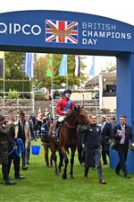 British jockey Richard Kingscote returns to the winner's enclosure on Bay Bridge after victory in the Champion Stakes on Qipco British Champions Day at Ascot Racecourse, west of London on October 15, 2022. - Champions day is the finale of the British flat racing season and the UK's richest raceday. (Photo by Glyn KIRK / AFP) (Photo by GLYN KIRK/AFP via Getty Images)