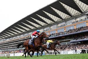 British jockey Richard Kingscote rides Bay Bridge to victory in the Champion Stakes on Qipco British Champions Day at Ascot Racecourse, west of London on October 15, 2022. - Champions day is the finale of the British flat racing season and the UK's richest raceday. (Photo by Glyn KIRK / AFP) (Photo by GLYN KIRK/AFP via Getty Images)