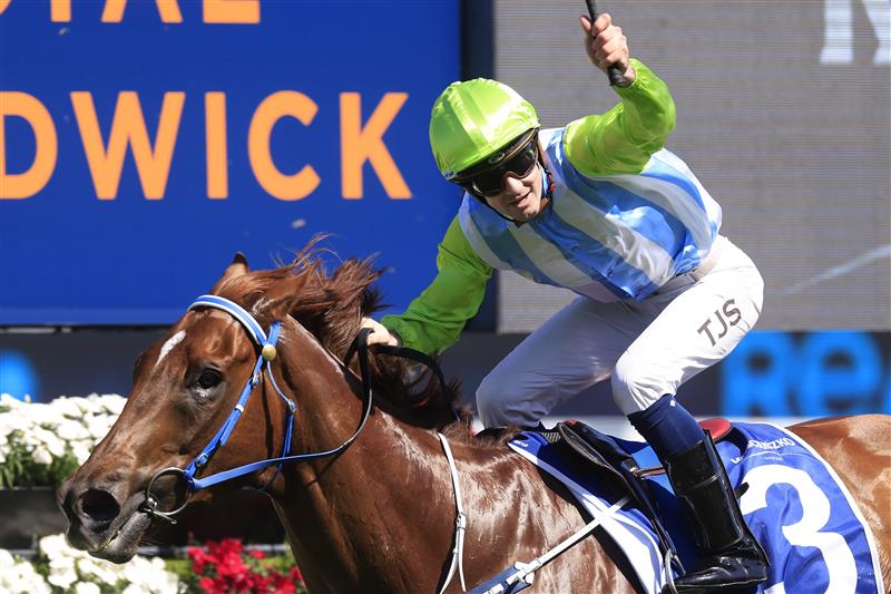 SYDNEY, AUSTRALIA - OCTOBER 15: Tyler Schiller on Front Page wins race 5 the Kosciuszko during Everest Day at Royal Randwick Racecourse on October 15, 2022 in Sydney, Australia. (Photo by Mark Evans/Getty Images)