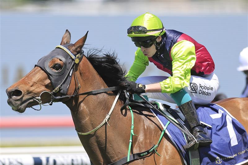 SYDNEY, AUSTRALIA - OCTOBER 15: Robbie Dolan on Cisco Bay wins race 2 the Big Dance Wild Card during Everest Day at Royal Randwick Racecourse on October 15, 2022 in Sydney, Australia. (Photo by Mark Evans/Getty Images)
