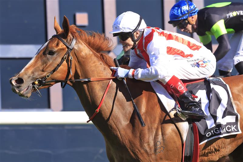 SYDNEY, AUSTRALIA - OCTOBER 15: Craig Williams on Giga Kick wins race 7 the TAB Everest during Everest Day at Royal Randwick Racecourse on October 15, 2022 in Sydney, Australia. (Photo by Mark Evans/Getty Images)