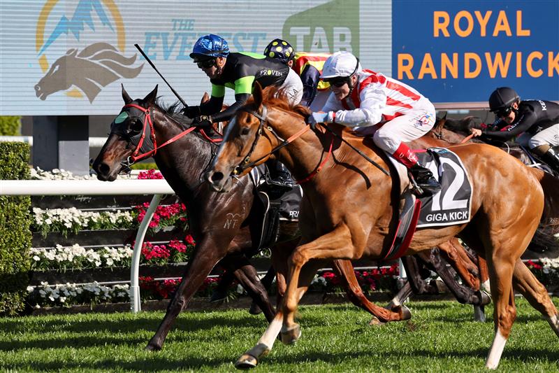 Giga Kick (R), ridden by jockey Craig Williams, wins the Everest 2022 horse race at the Royal Randwick race course in Sydney on October 15, 2022. - XGTY-- IMAGE RESTRICTED TO EDITORIAL USE - STRICTLY NO COMMERCIAL USE -- (Photo by DAVID GRAY / AFP) / XGTY-- IMAGE RESTRICTED TO EDITORIAL USE - STRICTLY NO COMMERCIAL USE -- (Photo by DAVID GRAY/AFP via Getty Images)