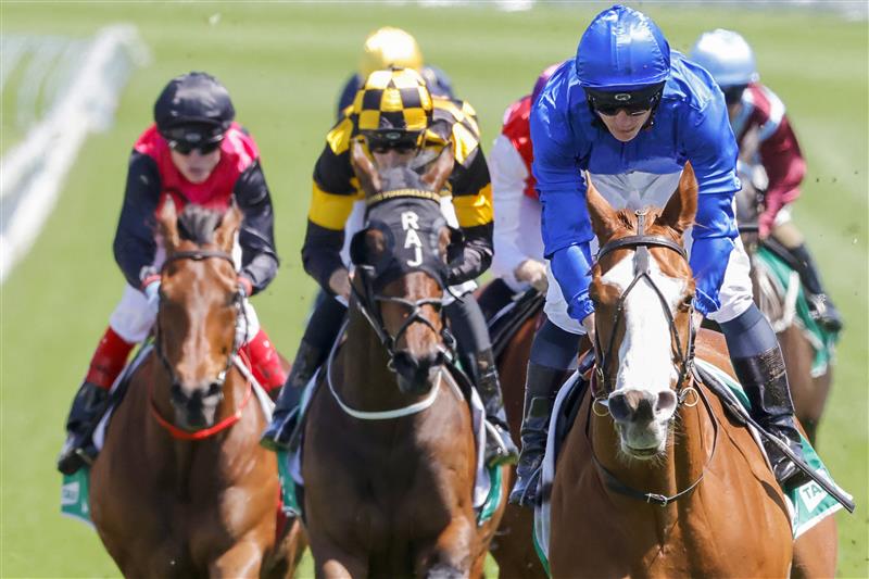 SYDNEY, AUSTRALIA - OCTOBER 15: James McDonald (all blue) on Cascadian wins race 3 the New Tab App Craven Plate during Everest Day at Royal Randwick Racecourse on October 15, 2022 in Sydney, Australia. (Photo by Jenny Evans/Getty Images)