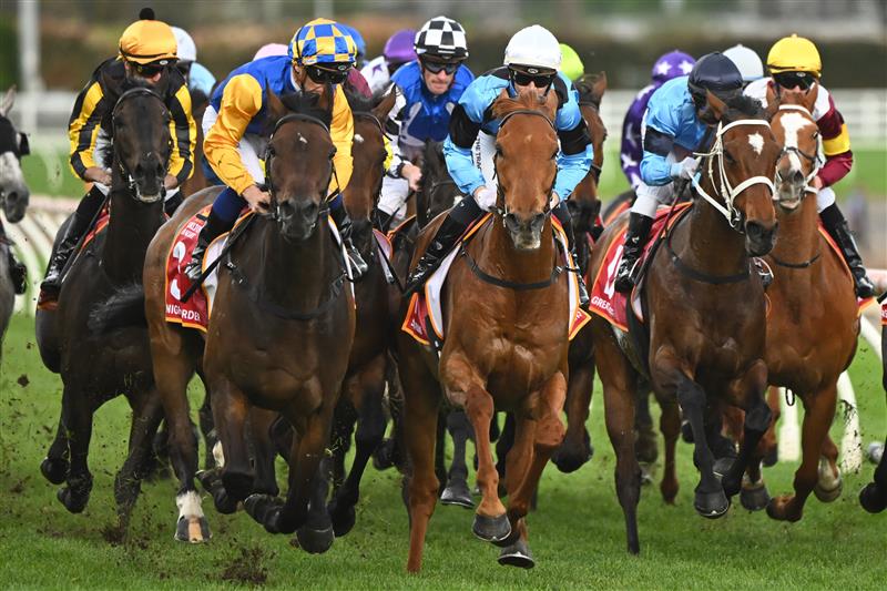 MELBOURNE, AUSTRALIA - OCTOBER 15: Tim Clark riding Knights Order  crosses in front of Jamie Kah riding Smokin