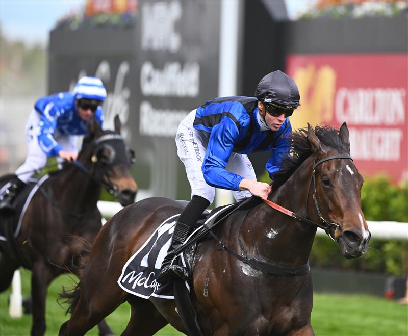 MELBOURNE, AUSTRALIA - OCTOBER 15: Jye McNeil riding Asfoora winning Race 7, the The Mccafe Sprint, during Caulfield Cup Day at Caulfield Racecourse on October 15, 2022 in Melbourne, Australia. (Photo by Vince Caligiuri/Getty Images)