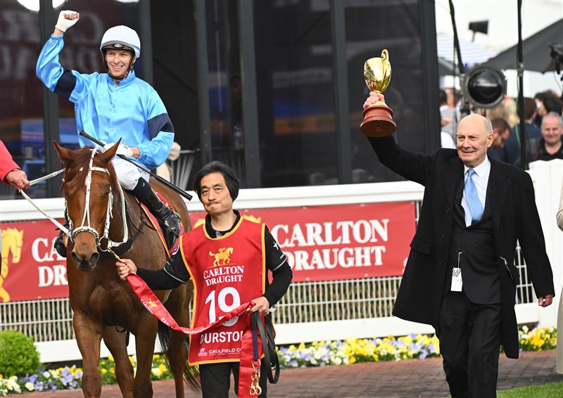 MELBOURNE, AUSTRALIA - OCTOBER 15: Michael Dee riding Durston after winning Race 9, the Carlton Draught Caulfield Cup, during Caulfield Cup Day at Caulfield Racecourse on October 15, 2022 in Melbourne, Australia. (Photo by Vince Caligiuri/Getty Images)