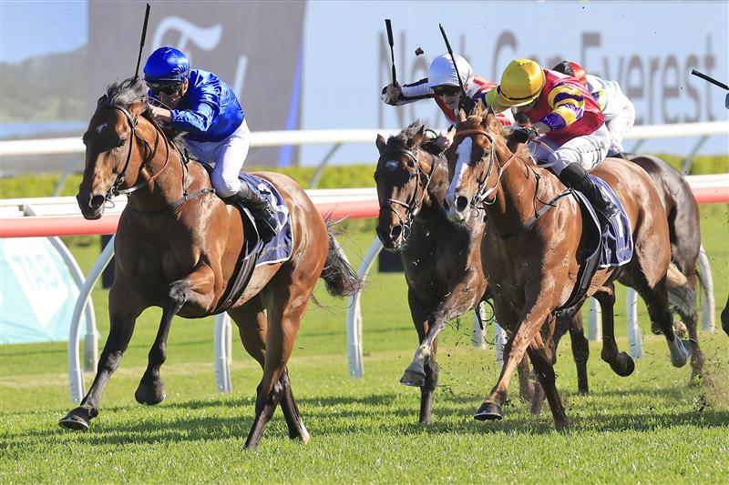 SYDNEY, AUSTRALIA - OCTOBER 15: Nash Rawiller on Vilana wins wins race 8 the Silver Eagle during Everest Day at Royal Randwick Racecourse on October 15, 2022 in Sydney, Australia. (Photo by Mark Evans/Getty Images)