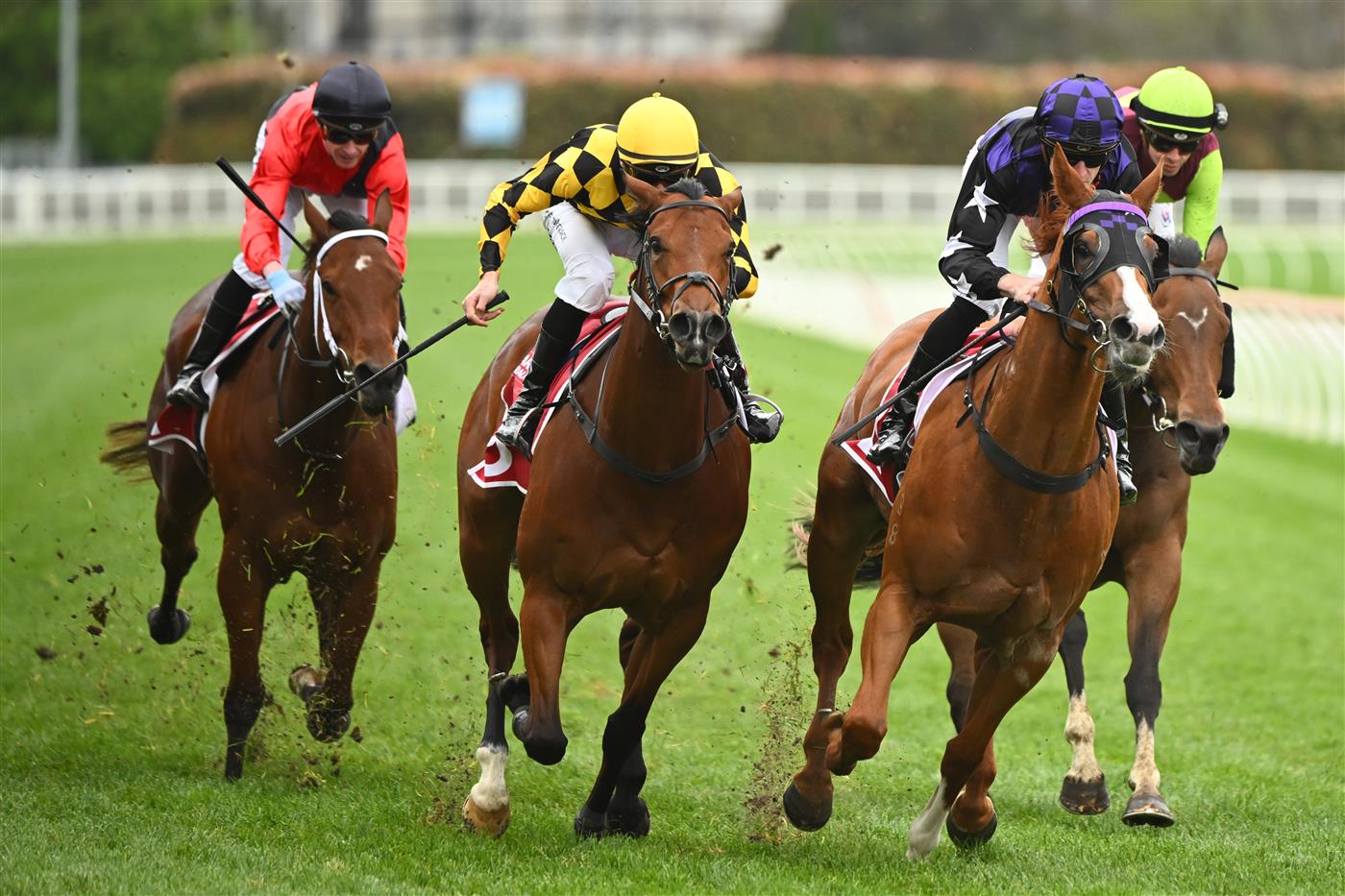 MELBOURNE, AUSTRALIA - OCTOBER 15: Josh Parr riding A Very Fine Red (r) defeats defeats Blake Shinn riding Shalstar in Race 6, the Carlton Draught Alinghi Stakes, during Caulfield Cup Day at Caulfield Racecourse on October 15, 2022 in Melbourne, Australia. (Photo by Vince Caligiuri/Getty Images)
