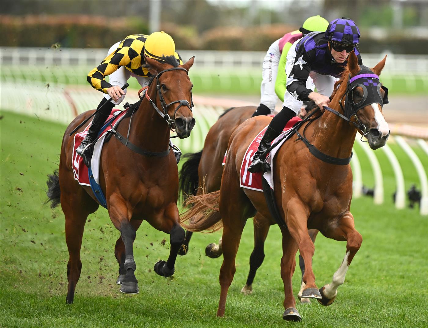 MELBOURNE, AUSTRALIA - OCTOBER 15: Josh Parr riding A Very Fine Red (r) defeats defeats Blake Shinn riding Shalstar in Race 6, the Carlton Draught Alinghi Stakes, during Caulfield Cup Day at Caulfield Racecourse on October 15, 2022 in Melbourne, Australia. (Photo by Vince Caligiuri/Getty Images)