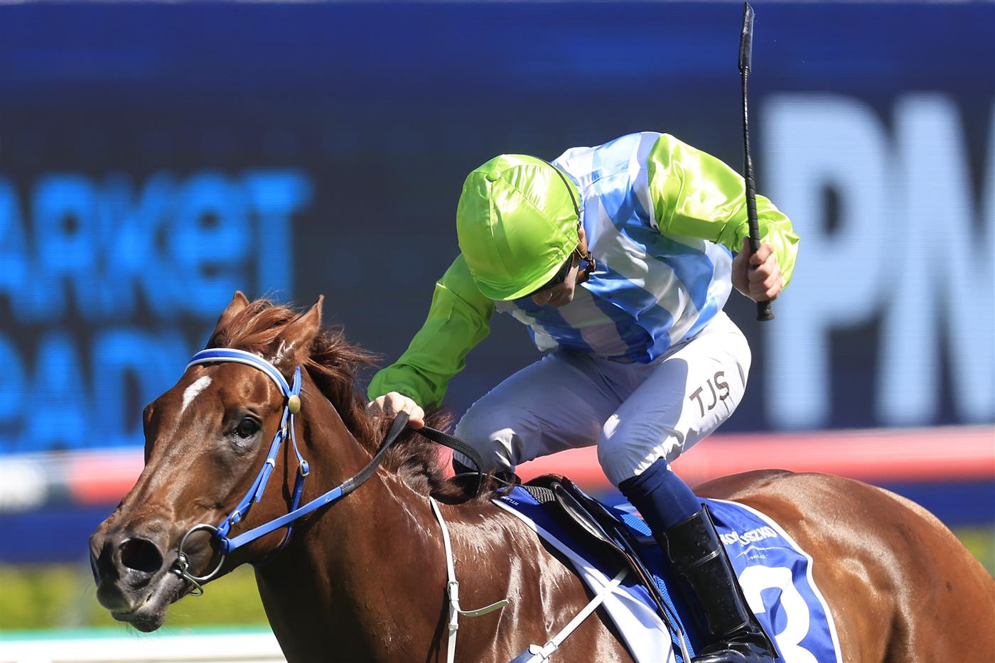 SYDNEY, AUSTRALIA - OCTOBER 15: Tyler Schiller on Front Page wins race 5 the Kosciuszko during Everest Day at Royal Randwick Racecourse on October 15, 2022 in Sydney, Australia. (Photo by Mark Evans/Getty Images)