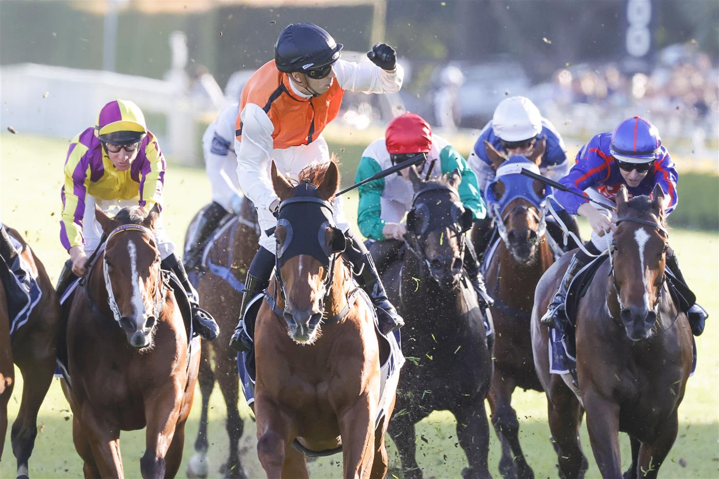 SYDNEY, AUSTRALIA - OCTOBER 15: Brenton Avdulla on Ellsberg wins race 9 the Five Diamonds Prelude during Everest Day at Royal Randwick Racecourse on October 15, 2022 in Sydney, Australia. (Photo by Jenny Evans/Getty Images)