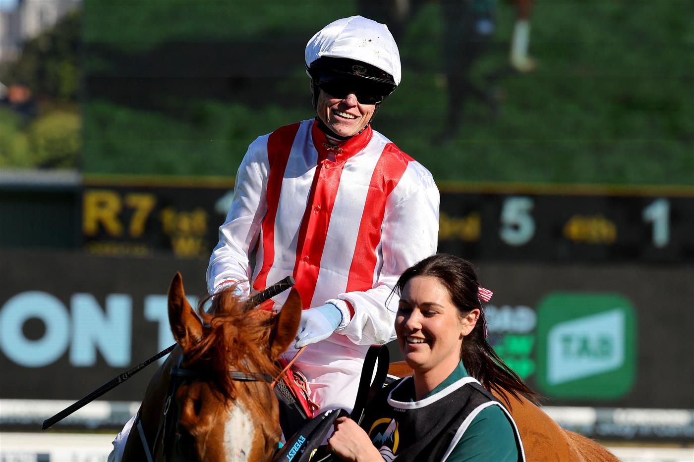 Jockey Craig Williams reacts after riding the wining horse Giga Kick during the Everest 2022 horse race at the Royal Randwick race course in Sydney on October 15, 2022. - XGTY-- IMAGE RESTRICTED TO EDITORIAL USE - STRICTLY NO COMMERCIAL USE -- (Photo by DAVID GRAY / AFP) / XGTY-- IMAGE RESTRICTED TO EDITORIAL USE - STRICTLY NO COMMERCIAL USE -- (Photo by DAVID GRAY/AFP via Getty Images)