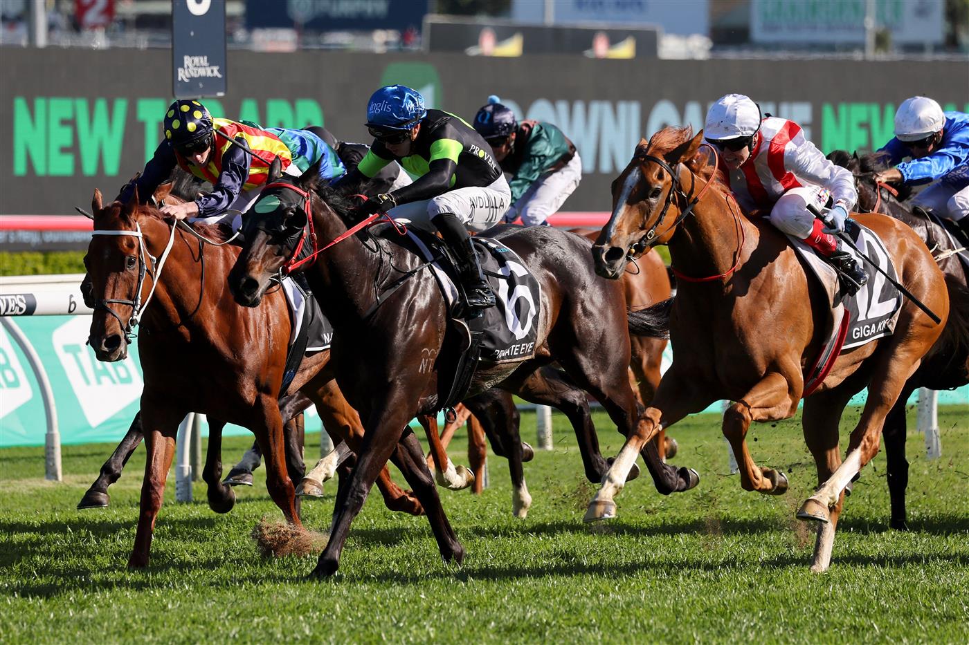 Giga Kick (R), ridden by jockey Craig Williams, wins the Everest 2022 horse race at the Royal Randwick race course in Sydney on October 15, 2022. - XGTY-- IMAGE RESTRICTED TO EDITORIAL USE - STRICTLY NO COMMERCIAL USE -- (Photo by DAVID GRAY / AFP) / XGTY-- IMAGE RESTRICTED TO EDITORIAL USE - STRICTLY NO COMMERCIAL USE -- (Photo by DAVID GRAY/AFP via Getty Images)