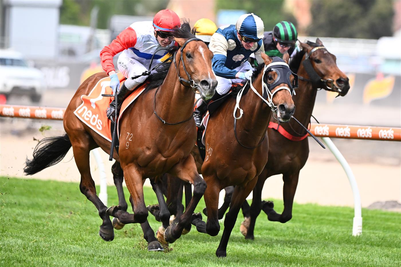 MELBOURNE, AUSTRALIA - OCTOBER 15: Harry Coffey riding Mr Maestro defeats Daniel Moor riding Muramasa in Race 3, the Neds Classic, during Caulfield Cup Day at Caulfield Racecourse on October 15, 2022 in Melbourne, Australia. (Photo by Vince Caligiuri/Getty Images)