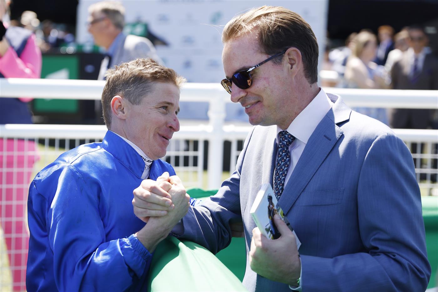 SYDNEY, AUSTRALIA - OCTOBER 15: James McDonald talks to Jason Walsh from Godolphinon after winning race 3 the New TAB App Craven Plate on Cascadian during Everest Day at Royal Randwick Racecourse on October 15, 2022 in Sydney, Australia. (Photo by Mark Evans/Getty Images)