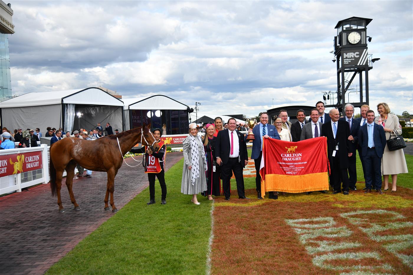 MELBOURNE, AUSTRALIA - OCTOBER 15: Durston after winning Race 9, the Carlton Draught Caulfield Cup, during Caulfield Cup Day at Caulfield Racecourse on October 15, 2022 in Melbourne, Australia. (Photo by Vince Caligiuri/Getty Images)