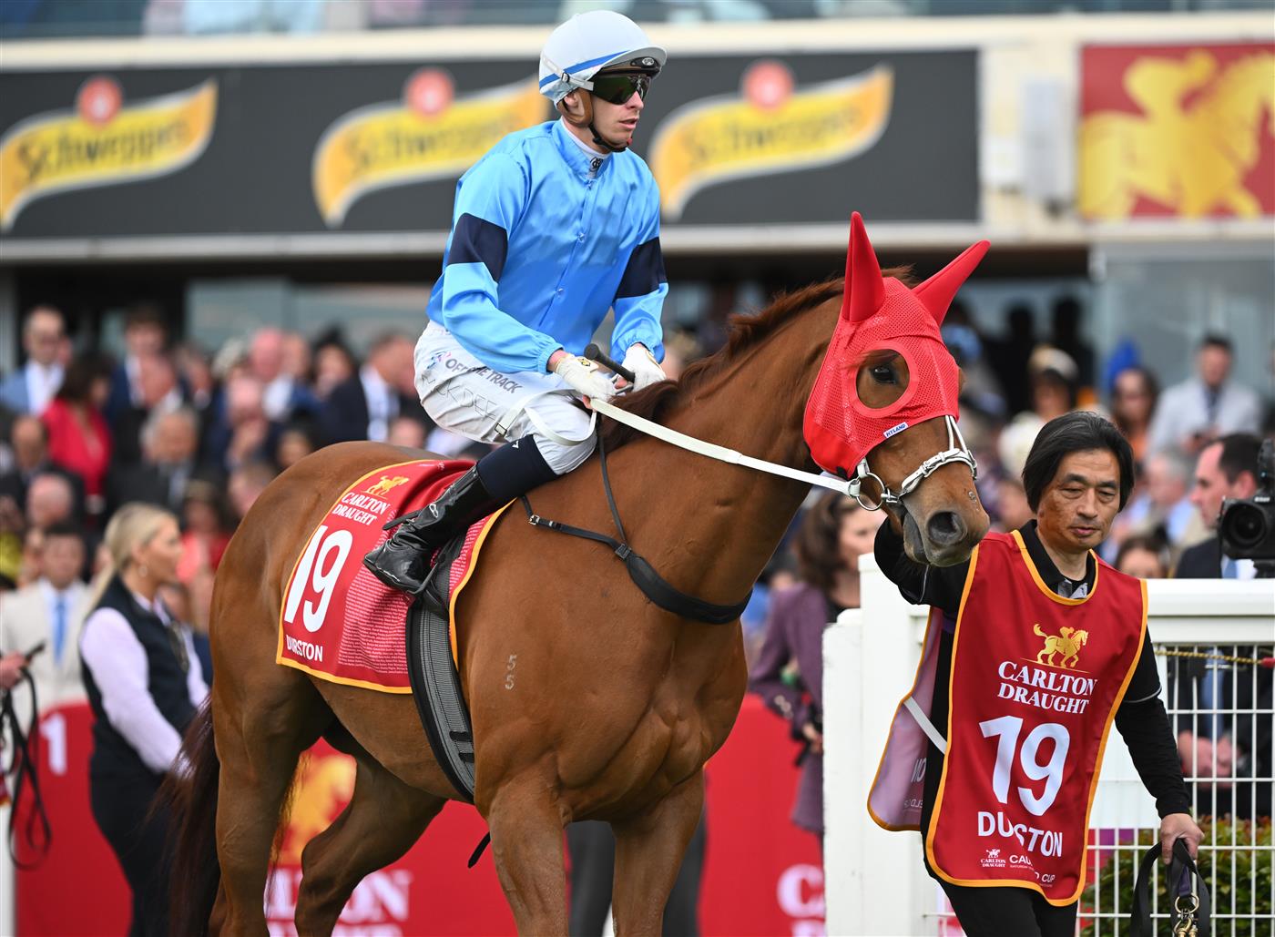 MELBOURNE, AUSTRALIA - OCTOBER 15: Michael Dee riding Durston before winning Race 9, the Carlton Draught Caulfield Cup, during Caulfield Cup Day at Caulfield Racecourse on October 15, 2022 in Melbourne, Australia. (Photo by Vince Caligiuri/Getty Images)