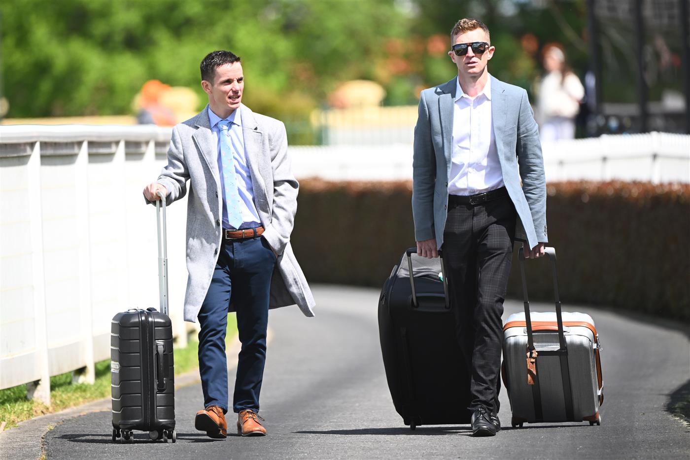 MELBOURNE, AUSTRALIA - OCTOBER 15: Tim Clark and Josh Parr are seen arriving during Caulfield Cup Day at Caulfield Racecourse on October 15, 2022 in Melbourne, Australia. (Photo by Vince Caligiuri/Getty Images)