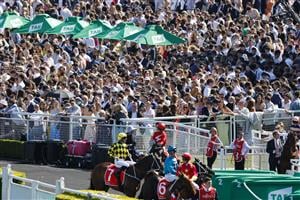 SYDNEY, AUSTRALIA - OCTOBER 15: A general view of crowd as horses and jockeys make their way onto the track for race 6 the Fujitsu General Sydney Stakes during Everest Day at Royal Randwick Racecourse on October 15, 2022 in Sydney, Australia. (Photo by Jenny Evans/Getty Images)