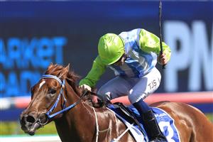 SYDNEY, AUSTRALIA - OCTOBER 15: Tyler Schiller on Front Page wins race 5 the Kosciuszko during Everest Day at Royal Randwick Racecourse on October 15, 2022 in Sydney, Australia. (Photo by Mark Evans/Getty Images)