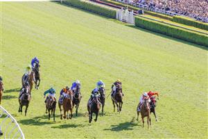 SYDNEY, AUSTRALIA - OCTOBER 15: Craig Williams (red and white) on Giga Kick wins race 7 The Tab Everest during Everest Day at Royal Randwick Racecourse on October 15, 2022 in Sydney, Australia. (Photo by Jenny Evans/Getty Images)