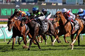 Giga Kick (R), ridden by jockey Craig Williams, wins the Everest 2022 horse race at the Royal Randwick race course in Sydney on October 15, 2022. - XGTY-- IMAGE RESTRICTED TO EDITORIAL USE - STRICTLY NO COMMERCIAL USE -- (Photo by DAVID GRAY / AFP) / XGTY-- IMAGE RESTRICTED TO EDITORIAL USE - STRICTLY NO COMMERCIAL USE -- (Photo by DAVID GRAY/AFP via Getty Images)