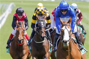 SYDNEY, AUSTRALIA - OCTOBER 15: James McDonald (all blue) on Cascadian wins race 3 the New Tab App Craven Plate during Everest Day at Royal Randwick Racecourse on October 15, 2022 in Sydney, Australia. (Photo by Jenny Evans/Getty Images)