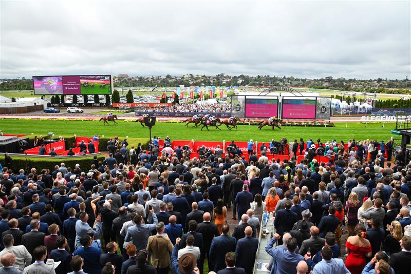 MELBOURNE, AUSTRALIA - OCTOBER 22: Damian Lane riding Scissor Step winning Race 2, the Strathmore Community Bendigo Bank, during Cox Plate Day at Moonee Valley Racecourse on October 22, 2022 in Melbourne, Australia. (Photo by Vince Caligiuri/Getty Images)