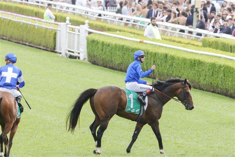 SYDNEY, AUSTRALIA - OCTOBER 22: Hugh Bowman on Golden Mile returns to scale after winning race 7 the Tab Callander-presnell during Spring Champions Stakes Day at Royal Randwick Racecourse on October 22, 2022 in Sydney, Australia. (Photo by Jenny Evans/Getty Images)