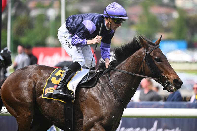 MELBOURNE, AUSTRALIA - OCTOBER 22: John Allen riding My Oberon winning Race 6, the Schweppes Crystal Mile, during Cox Plate Day at Moonee Valley Racecourse on October 22, 2022 in Melbourne, Australia. (Photo by Vince Caligiuri/Getty Images)