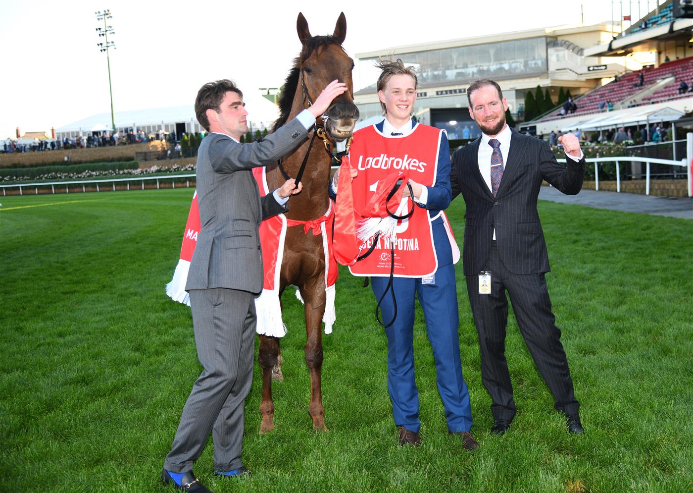 MELBOURNE, AUSTRALIA - OCTOBER 22: Co trainers David Eustace and Ciaron Maher pose with Bella Nipotina after winning race 11, the Ladbrokes Manikato Stakes during Cox Plate Day at Moonee Valley Racecourse on October 22, 2022 in Melbourne, Australia. (Photo by Vince Caligiuri/Getty Images)
