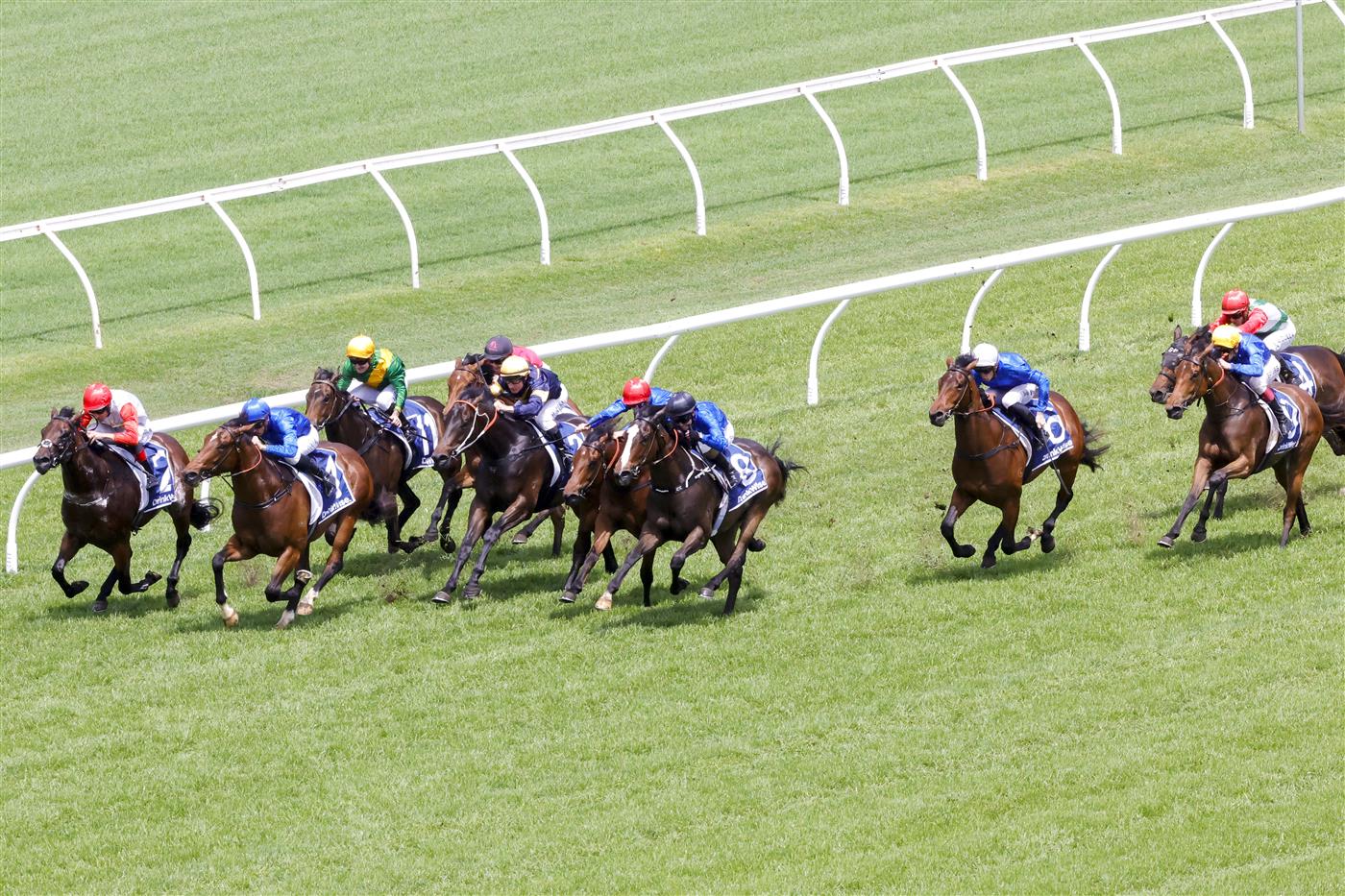 SYDNEY, AUSTRALIA - OCTOBER 22: Blake Shinn (all blue) on Barber wins race 1 the Drinkwise Kirkham Plate during Spring Champions Stakes Day at Royal Randwick Racecourse on October 22, 2022 in Sydney, Australia. (Photo by Jenny Evans/Getty Images)