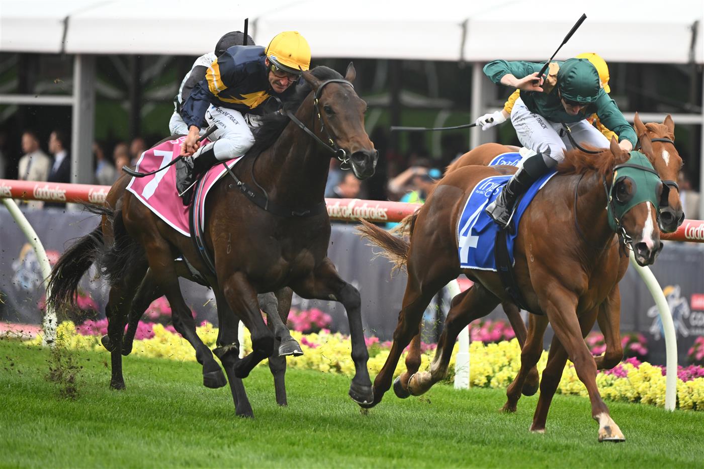 MELBOURNE, AUSTRALIA - OCTOBER 22: Damien Oliver riding Arkansaw Kid winning Race 1, the Inglis Banner, during Cox Plate Day at Moonee Valley Racecourse on October 22, 2022 in Melbourne, Australia. (Photo by Vince Caligiuri/Getty Images)